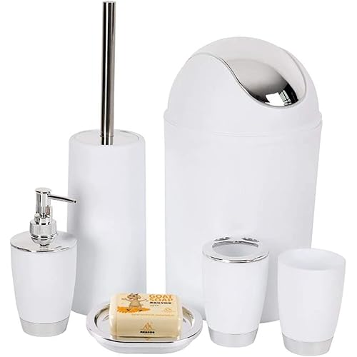 YCOCO 6 Pcs Plastic Bathroom Accessories,Includes Toothbrush Holder,Toothbrush Cup,Soap Dispenser,Soap Dish,Toilet Brush,Trash Can,White
