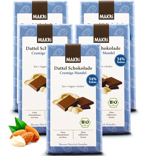 MAKRi Dattel Schokolade | Vegan & Bio Laktosefrei und Glutenfrei Ohne Zusatzstoffe | Dattelschokolade Ohne Raffinierten Zucker Schokolade mit Datteln Gesüßt (5 Tafel Cremige Mandel 54%)