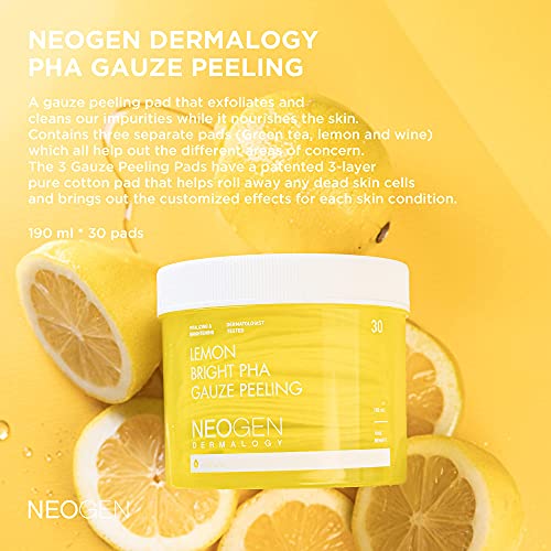 DERMALOGY by NEOGENLAB NEOGEN Lemon PHA Gauze Peeling Pads (30 pads) - Exfoliating Peeling Pad with AHA, BHA, PHA, LHA & Lemon & Glutathione & Niacinamide - Korean Skin Care