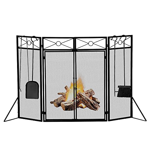 4 Panels Fireplace Screen with Doors, Fireplace Screens with Fireplace Poker Sets, Fireplace Fence with Fireplace Tools Wrought Iron, Baby Fireplace Guard, 47.2\"x 31.6\", Black