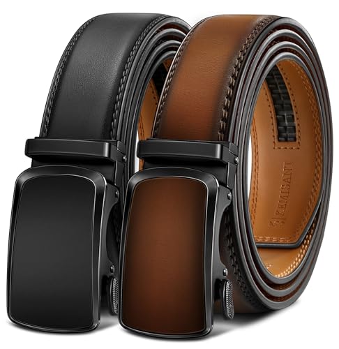 Image of KEMISANT Men Belt 2 Pack, Leather Ratchet Belt Easy Click Slide For Men 1 3 /8 inch,Cut for Fit