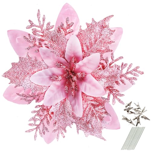 GREENTIME 12 Pcs Pink Glitter Poinsettia 5.5" Artificial Flowers Christmas with Clips Stems Xmas Tree Ornaments for New Year Stairs Fireplace Porch Balcony Garden Church Wreath Decoration (Pink)