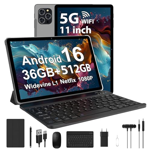 RUSHAR Tablet 11 Pulgadas Android 16 con 36GB RAM+512GB ROM (2TB TF), 5G/2.4G WiFi, Octa-Core 2.0GHz, 2000 * 1200, Widevine L1, 8000mAh, 13MP+8MP, GPS, Face ID, BT 5.0, Tablet con Teclado, Gris