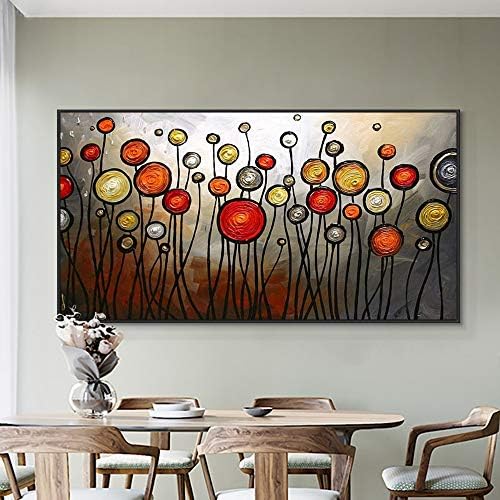 100% Hand Painted Abstract Red Yellow Round Flowers Oil Painting On Canvas --Circle Red Big Tree Landscape Tree-Thick Knife Painting Wall Art For Living Room Decor,Red,110X220Cm(44X88Inch)