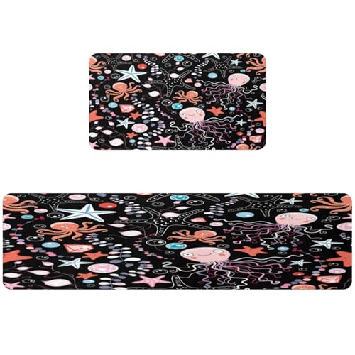 Tapis de cuisine吸水防滑2件套 乌贼海星图案走廊洗衣房地垫