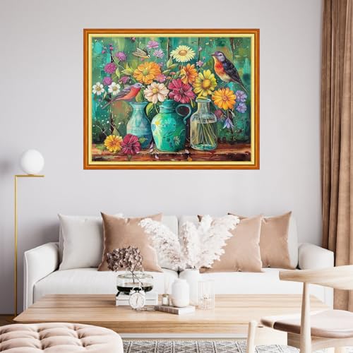 Image of Funchey Stamped Cross Stitch Kits, DIY Cross Stitch Pattern for Adults Beginners Needlepoint Kits Embroidery Kit Arts and Crafts 11CT&Bird Vase 16x20 inchs