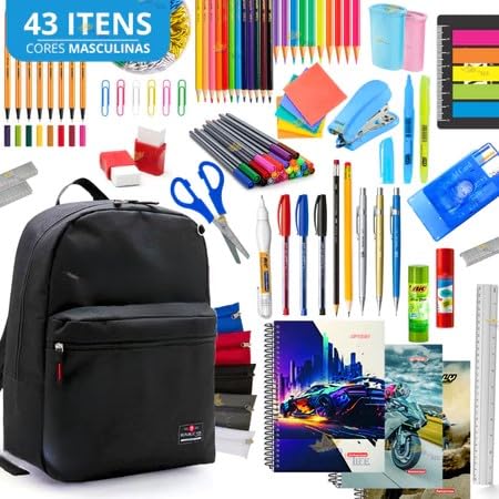 Conjunto de Material Escolar com 43 Itens, Cores Masculinas, Mochila Preta, Caderno Espiral, Lápis, Canetas, Tesouras, Borrachas