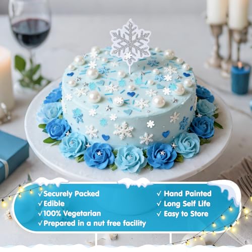 Image of Edible Snowflake Sprinkles,Frozen Sprinkle for Cake,Blue Heart White Snowflake Silver Star Pearl Jimmies Mix,130g /4.58oz,Winter Snow Sugar Pearls Sprinkles for Decorations Baking,Cake Ice Cream Cookies Cupcake Topper Chocolate,Birthday Children Party Dessert Decorating