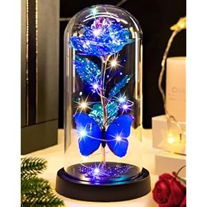 Galaxy Glass Rose in Glass Dome, Beauty and The Beast Rose, Light Up Rose in Glass Dome Forever Eternal Infinity Preserved Flower Blue Rose,Mothers Day Rose Flowers Gifts for Mom Grandma Wife Her