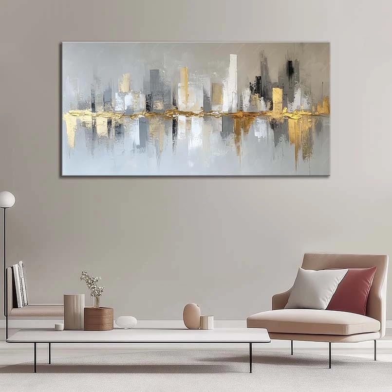 Tableau abstrait ville grande toile moderne salon 55x110cm