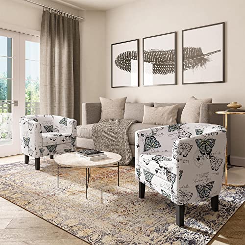 Belleze Living Room Chair, Linen Accent Chair Barrel Round Club Tub Sofa Chair For Bedroom, Corner Chair With Flared Legs And Plush Cushion - Highland (Butterfly Print) #TOP5