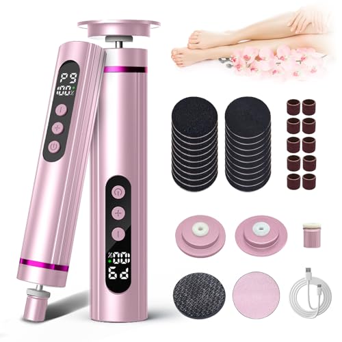 RoserRose 3 en 1 Lima Electrica Pies Durezas, Set de Pedicura Removedor de Callos con Pantalla LCD y 9 Niveles, Recargable Lima pie Durezas para Eliminar Callos, Depilar y Cuidar Las Uñas (Rosa)