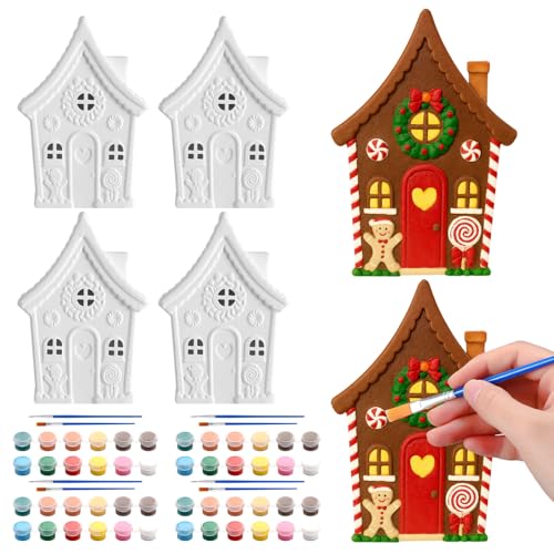 Seenelling 4 Pcs Gingerbread House Ceramic to Paint Christmas Paint Crafts Unpainted Ceramic Gingerbread House Make Your Own 3D Christmas Plaster Crafts for Xmas Holidays Party Supplies
