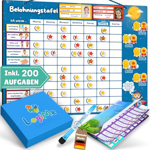 Belohnungstafel für Kinder [200 AUFGABEN] - XL Aufgabenplaner magnetisch - Montessori Belohnungssystem - Wochenplaner ab 3 4 5 6 7 8 Jahre - Sternchenplan ADHS Magnettafel (Astronaut)