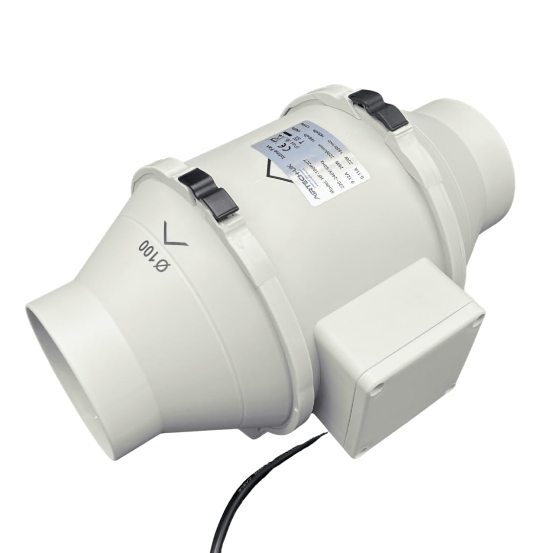 Elite Inline Extractor Fan 100mm / 4 inches - Dual Speed Bathroom Extractor Fan with Timer - Silent and High Power Inline Fan for Bathroom - Ceiling, Toilet, Loft installation