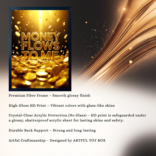 Image of ARTFUL TOY BOX - Money Flows To Me Motivational Quote Photo Frame Wall Art for Home & Office Decor | Wealth Attraction, Positive Energy & Abundance Wall Decor | HD Glossy Print | Premium Fiber Black Frame - 12x18 Inch (30x45 cm) (Design 14)