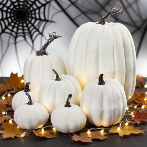 7 PCS Artificial Pumpkins Decorative Assorted Sizes White Pumpkins