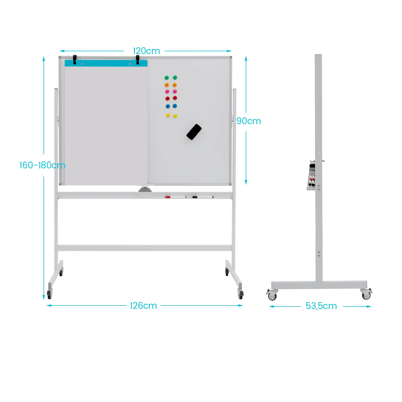 LIFEZEAL Tableau Magnétique Double Face Pivotant à 360°,Tableau Blanc sur Pied 120x90cm avec Hauteur Réglable 160/180cm,Tableau Effaçable à Roulettes pour Enfants, Adultes (Blanc, 120x90cm)