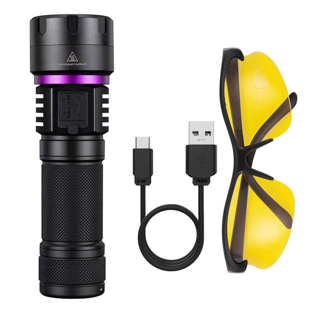 Alonefire SV116 Linterna UV 60W 365nm Profesional Recargable USB C Potente Luz Negra Detector de Orina para Resina, Pesca, Escorpión, Minerales, Pegamento, Ámbar con Gafas Protectoras UV, Batería