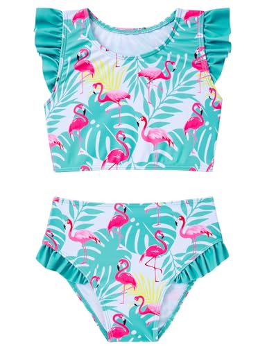 Toddler Swimsuit for Girls 3 4 Kids Hawaiian Flamingo Bathing Suit Cute Flutter Sleeve Two Piece Swimwear