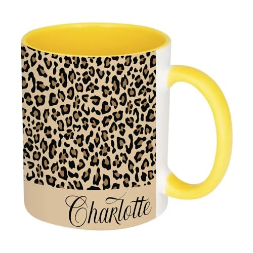 Image of Getagift Personalised Cheetah Print Mug Custom Name, Leopard Print, Animal Print, Inside Coloured Coffee, Tea Mug. (Yellow)