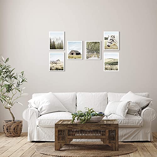 Countryside Landscape Pictures Wall Art - Rustic Farmhouse Barn Prints White Horse Photograph Misty Forest Grassland Nature Artwork For Home Decor, Unframed, 8X10 Inches, Set Of 6 #TOP3
