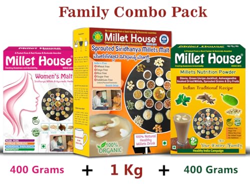 Image of Millet House Family Combo Health Mix | Sprouted Siridhanya Millets Malt 1000 Grams | Women's Malt 400 Grams | Millet Nutrition Powder 400 Gram (Pack of 3, Family Health Millets Malts, 1.8 KG)
