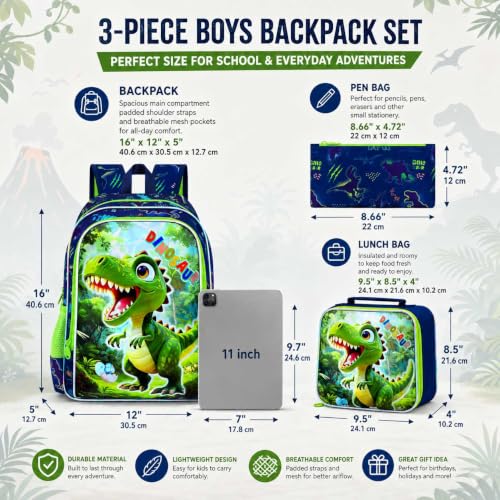 Image of UFNDC 3PCS Boys Backpack,16 inchKids Dinosaur Bookbag with Lunch Box, School Bag for Elementary Toddler