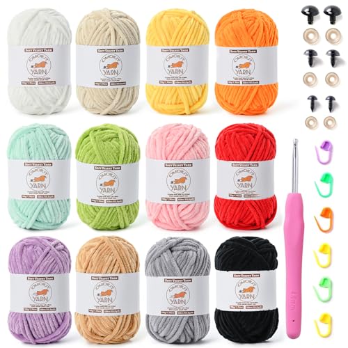 12 Pack Fluffy Velvet Yarn for Crocheting Chunky Chenille Baby Yarn for Crocheting Soft Blanket 787 yds Amigurumi Yarns for Knitting Bulky Multicolored Crochet Yarns Set A