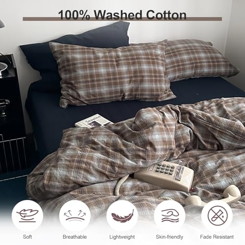 Image of EAVD Vintage Plaid Duvet Cover Queen Soft 100% Washed Cotton Bedding Set Retro Brown&Blue Grid Checkered Bedding Set with 2 Pillowcases Farmhouse Neutral Plaid Gingham Comforter Cover with Zipper