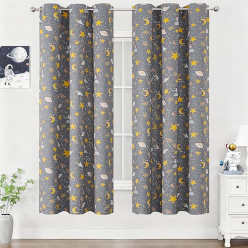 Image of Grey Unicorn Planet Room Darkening Curtains 72 Inch Long for Kids Bedroom