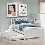 Harper & Bright Designs Twin Size Wood Bed Frame with Headboard and Footboard, Modern Platform Bed with Trundle for Saving Space, No Box Spring Needed, White