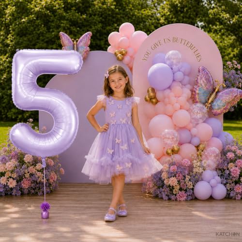 Image of KatchOn Pastel Purple Number 5 Balloon Lilac Birthday Decorations - 40 Inch