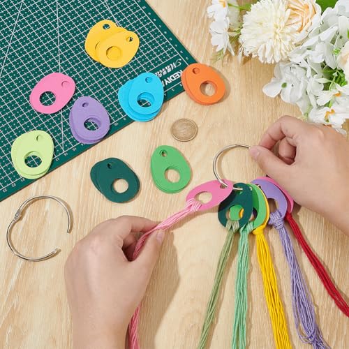 Image of BENECREAT 80Pcs 8 Colors Paper Thread Drops, 1.97x1.4Inch Teardrop Floss Bobbin Drops Cross Stitch Thread Organization with Iron Floss Ring for Craft DIY Sewing Storage