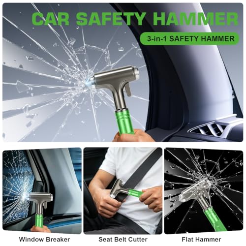 Image of Car Safety Hammer, Metal Window Breaker with Seat Belt Cutter, Emergecy Safety Hammer for Auto Accidents (Green)