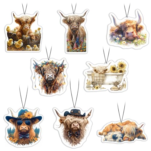 Image of Highland Cow Car Air Freshener (8Pack Fresh Ice Scent) Cute Animal Ornament Decor Accessories Gifts for Car Interior Hanging Rearview Pendant Home Office Supplies