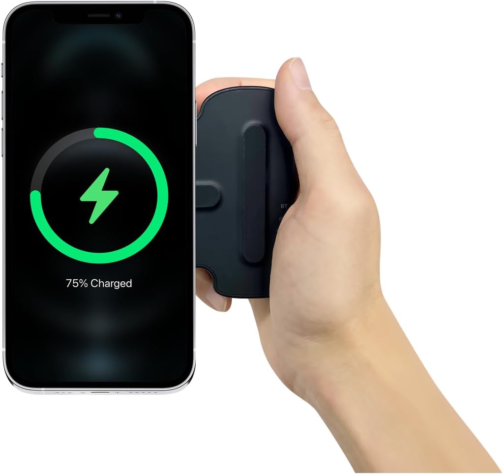 Smartphone wirelessly charging from VEGER Snap CAM, showing charging icon