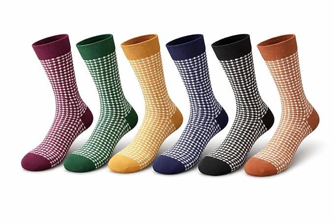 Men's Premium Cotton Crew Socks | Advanced Breathable Houndstooth Patterned Office Formal Long Socks | Casual Plaid Checked Mid Calf Dress Socks Multi-Pack Combo - Pack of 6 Pairs-image-18