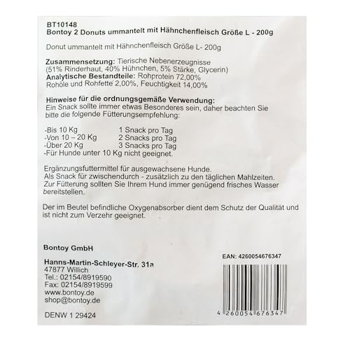 Bontoy 2 Donuts aus Rinderhaut ummantelt mit Hühnchenfleisch Größe L -I ca. 200g I Kauspass für den Hund I Leckerli I Belohnung