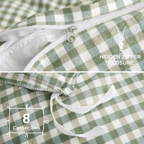 Image of TOCOMOA Green Gingham Duvet Cover Bedding Set 100% Washed Cotton Like Linen Feel Super Soft Comfortable 3 Piece Plaid Checkered Comforter Cover Set (California King 104 inchx98 inch, Comforter Not Included)