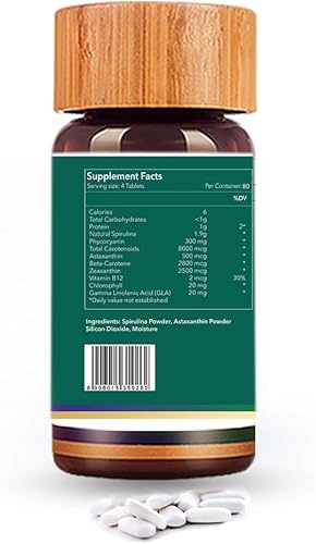Miniatura 2 de Píldoras orgánicas de espirulina con astaxantina, sin OMG, ricas en proteínas veganas, vitaminas y prebióticos, suplemento de ayurveda 100% vegano,