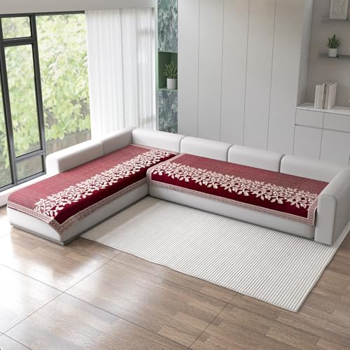 Image of Nendle Superior Velvet Floral Sofa Mat 6 Seater Set Cover Durable Protector for Living Room Sofa Set 3+3, Suitable for L Shape, Sectional and U Shape Sofa (Maroon Pack of 2)