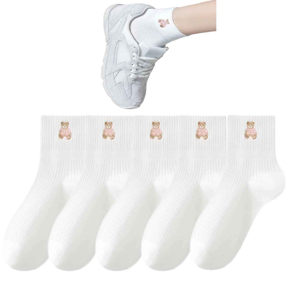 Teddy Bear Women’s Lightweight Crew Socks 98% Cotton Embroidered 4-8 5 Pairs, Cute Teddy Bear Embroidery, Soft Breathable Ribbed Knit, Classic Preppy Style