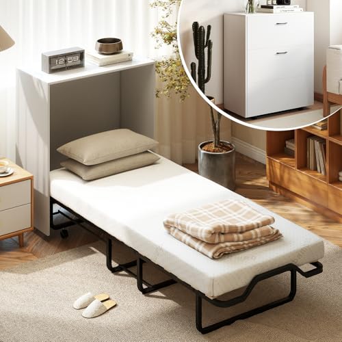 KOMFOTT Murphy Bed Cabinet, Rolling Folding Bed into Cabinet with Mattress & Lockable Wheels,...