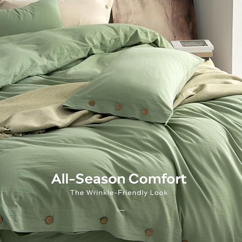 Image of JELLYMONI 100% Washed Cotton Duvet Cover King - Soft, Breathable Linen-Look Bedding with Natural Wrinkle Texture, Button Closure, 3-Piece Set (Mint Green, 104 inchx90 inch)