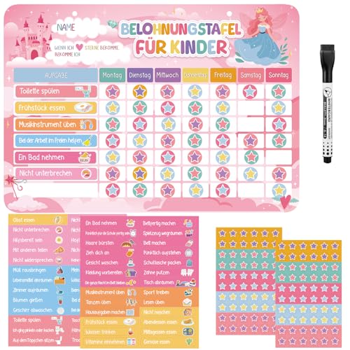 Magnetische Belohnungstafel Kinder Magnettafel mit 52 Aufgaben Magnete und 120 Sternmagneten Aufgabenplaner Wochenplaner Belohnungssystem für Routine Verhalten Töpfchentraining (Prinzessin Schloss)