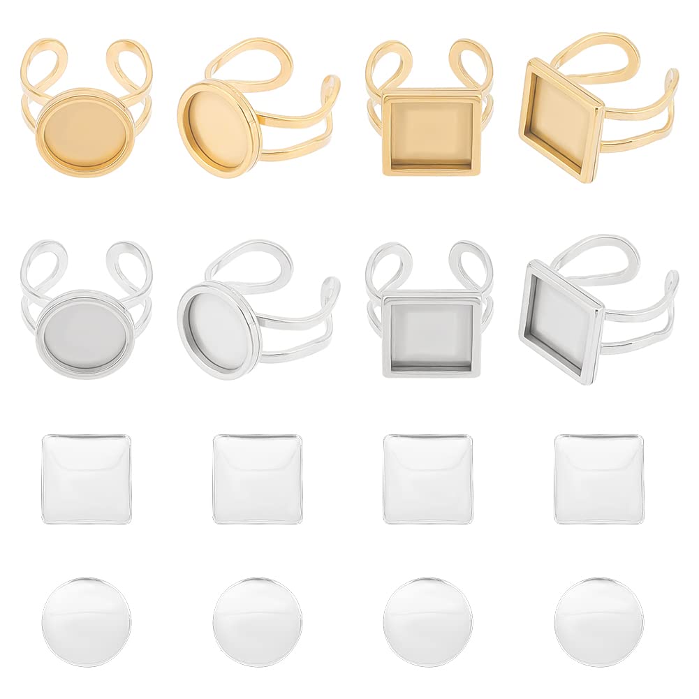 UNICRAFTALE Lot 32 Supports Bague Acier Inoxydable - 4 Styles (Rond, Carré, Cœur, Larme) Réglables 17 Mm Pour DIY Bijoux