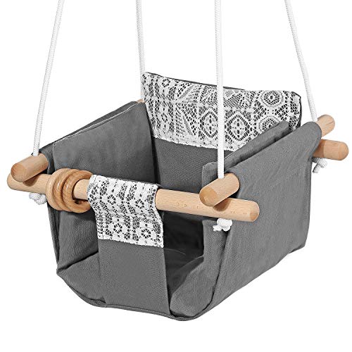 Image of Mlian Secure Canvas Baby Hanging Swing Seat Chair Indoor and Outdoor Hammock Backyard Outside Swing Kids Toys Swings 6-36 Months with Lace Décor Cushion and Natural Wooden Ring, Gray