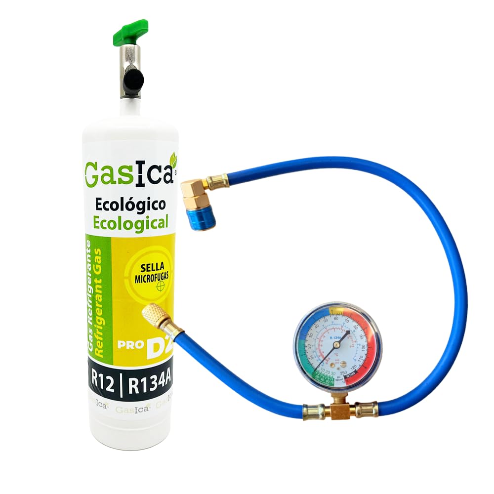 Gas refrigerante ecologico gasico D2 Pro, compatibile con R134A e R12 per ricarica A/C automobilistica e domestica, confezione da 400 g (equivalente a 900 g), valvola e manometro inclusi