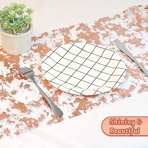 Table Runner, 28cm*5m Glitter Sequin Mesh Ribbon, Christmas Rose Gold Table Runner,Sparkling Polyester Tulle Ribbon Roll with Gold Foil for Party Holiday Wedding Gathering